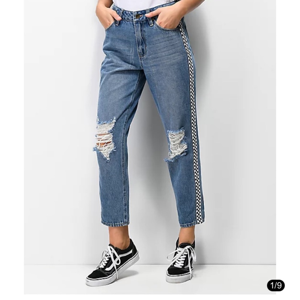 Empyre Eileen Checkered Striped Light Wash Mom Jeans